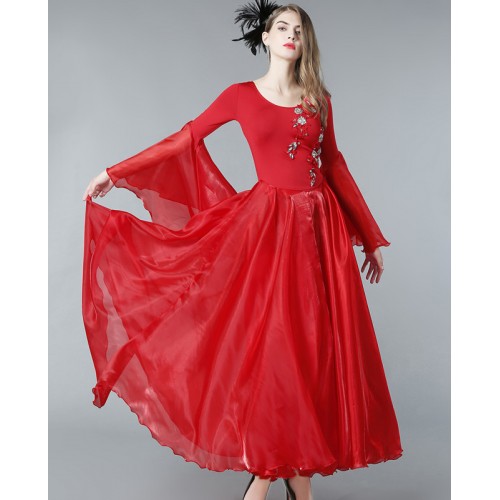 Red ballroom dancing dress for women Trumpet sleeve dance big swing skirts modern dance ballroom dance skirt waltz long dresses
